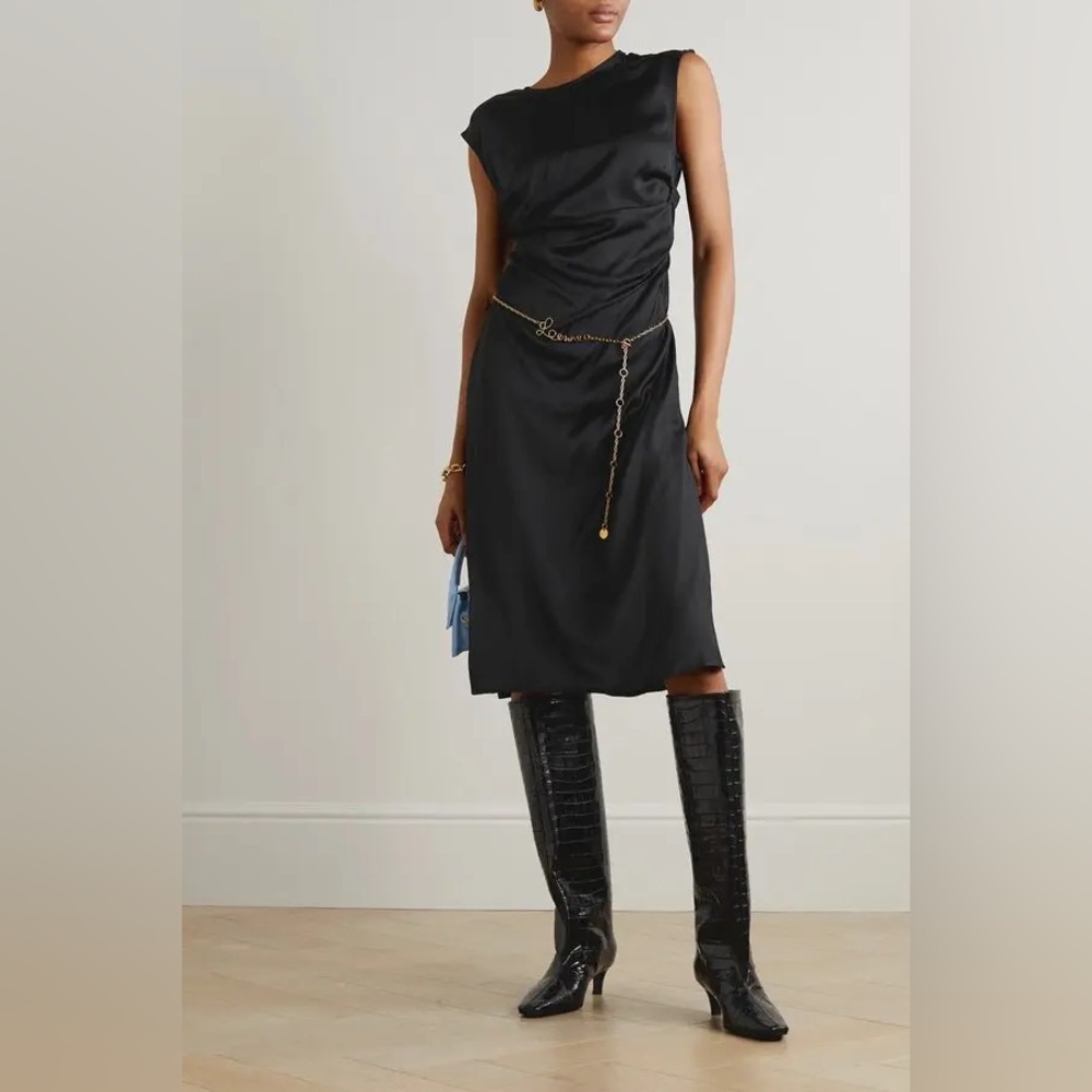 NWT HOLZWEILER Isabell Button-Embellished Gathered Satin Midi Dress Black XS